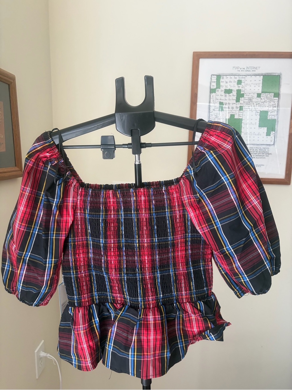 NWT Draper James Smocked Peplum Top Red Black Plaid Sz M